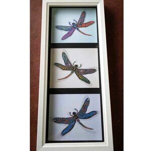 Three Dragonflies Art prints with Subliminal Wing Designs framed in a White Wood
